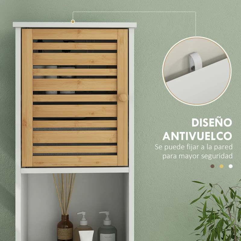 HOMCOM Mueble Auxiliar de Baño con Estantes Ajustables y Puertas de Bambú Anti-vuelco 35x30x170 cm Blanco y Natural