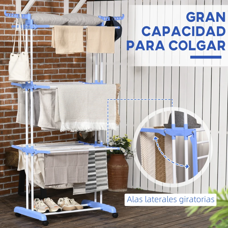 HOMCOM Tendedero Vertical Plegable con Ruedas Tendedero de Ropa de 3 Niveles con Alas Plegables 73x64x172 cm Azul y Blanco
