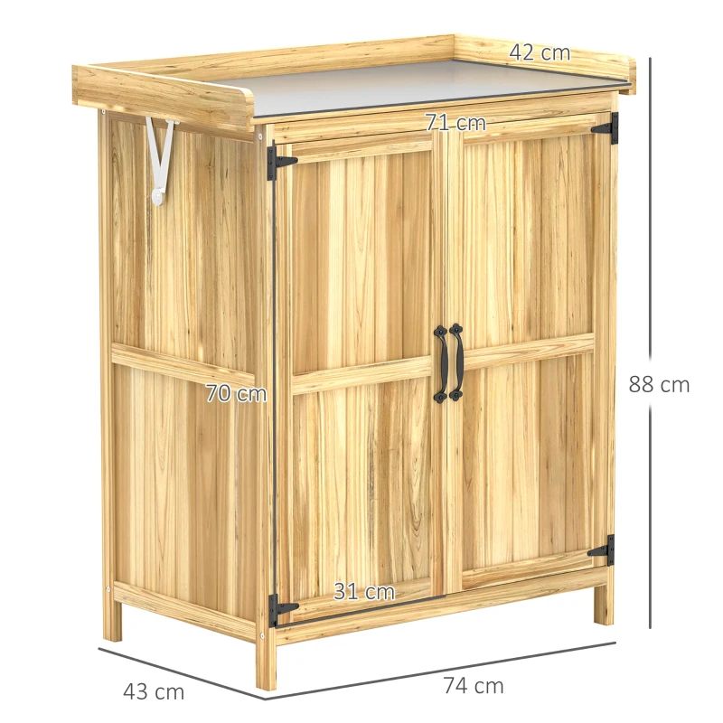 Outsunny Gartenschrank, Werkzeugschrank für den Außenbereich, mit Arbeitsfläche, Holz und Edelstahl, Doppeltüren, Naturholz(m-3)