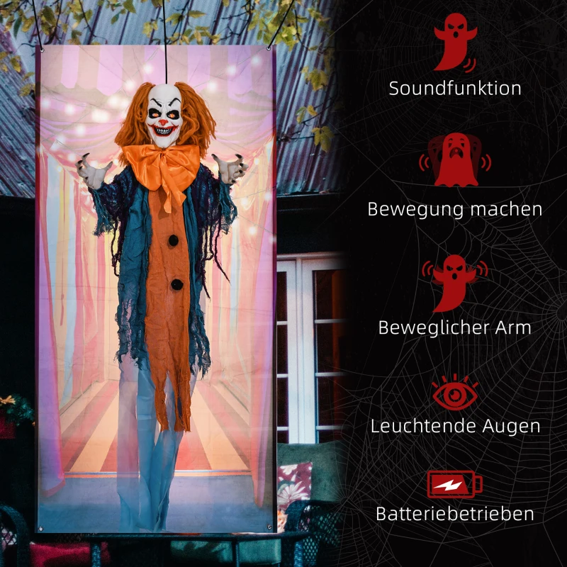 HOMCOM Horrorclown, Helloweendeko, aktiviert mit Geräusche/Berührung, rote Augen, Sound, 168 cm(m-7)