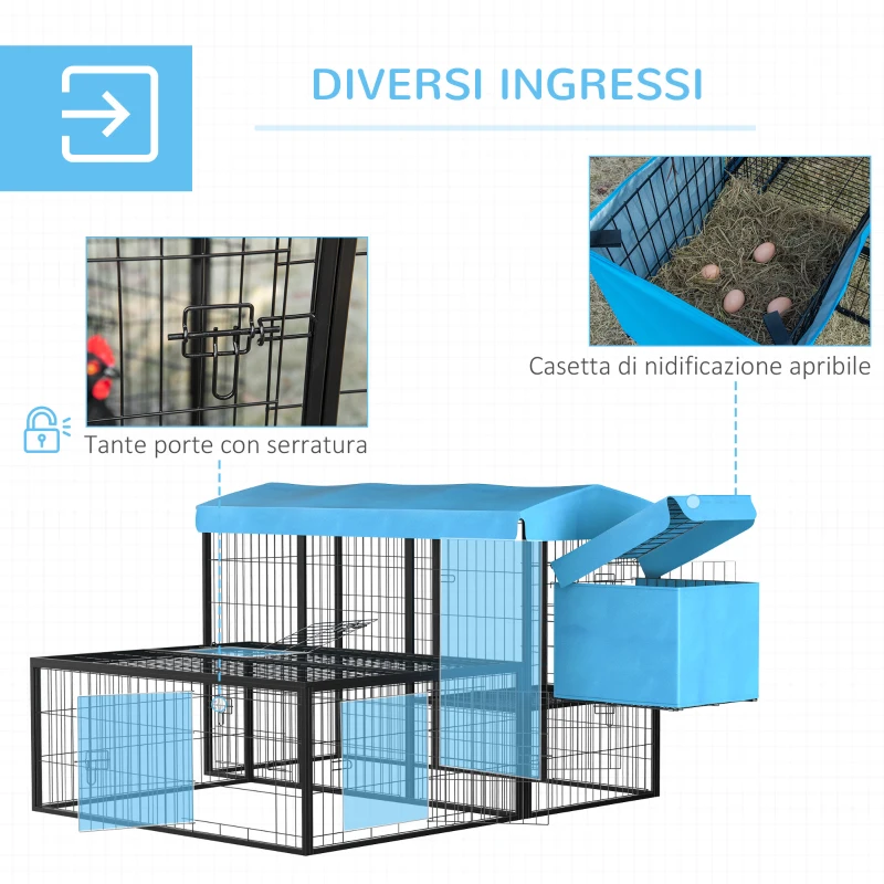 PawHut Pollaio da Giardino Componibile per 6-10 Galline con Gabbie in Metallo e Copertura in Poliestere, Blu