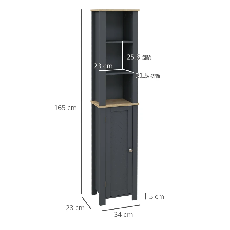 kleankin Colonna Bagno Salvaspazio con Armadietto e 3 Ripiani Aperti in Legno, 34x23x165cm, Grigio