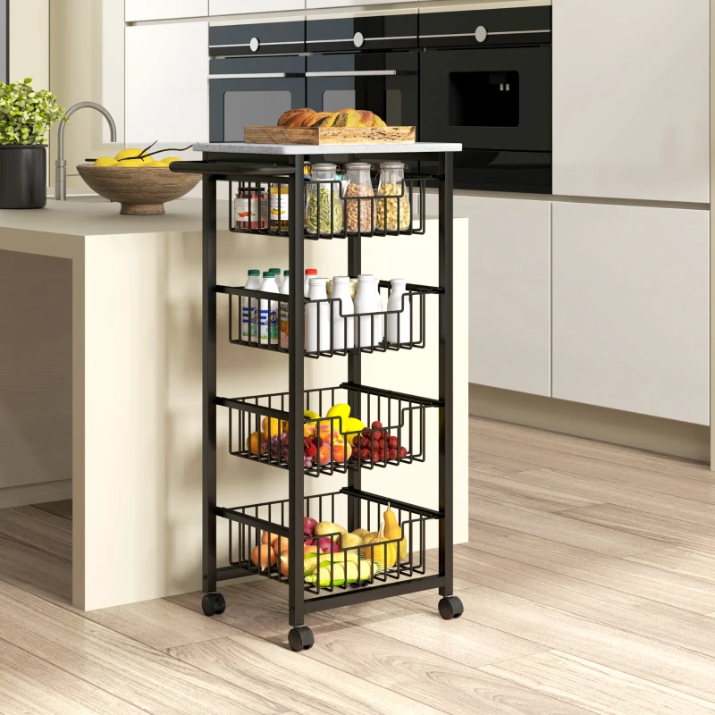 HOMCOM Four Basket Mobile Kitchen Island, with Brakes - Grey/Black