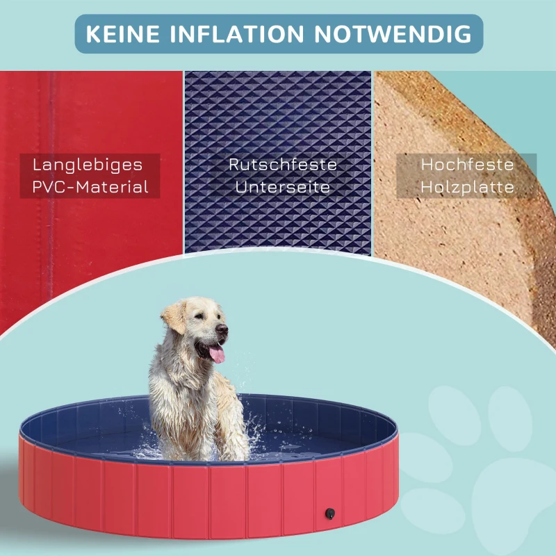 PawHut Hundebadewanne faltbar Badewanne Hundepool Plantschbecken Swimmingpool Wasserbecken für Hunde und Katzen Schwimmbecken Kunststoff+Holz Rot Ø160 x 30H cm