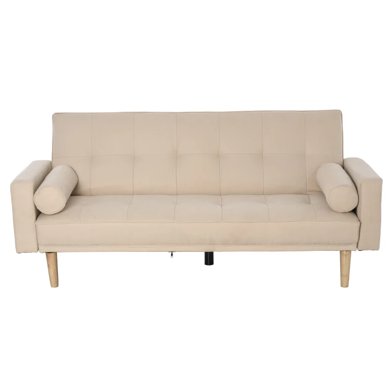 HOMCOM Divano Letto 3 Posti con Schienale Regolabile su 3 Livelli, 2 Cuscini e Braccioli Rimovibili, Beige, 185x84x85cm