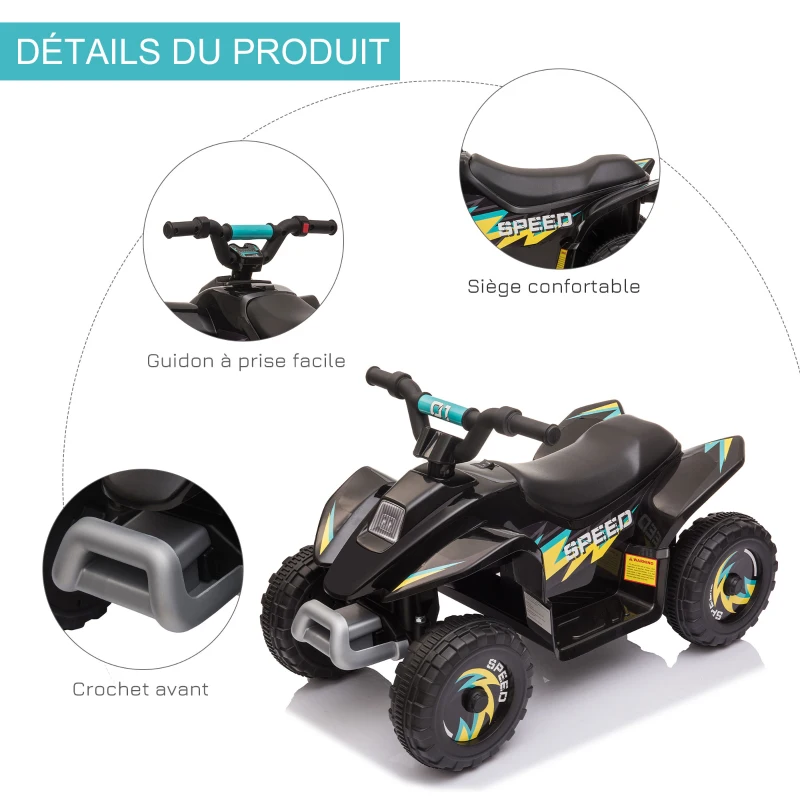 HOMCOM Quad électrique pour enfants 18-36 mois véhicule à batterie 6V avec marche avant et arrière 72 x 40 x 45,5 cm noir(m-7)