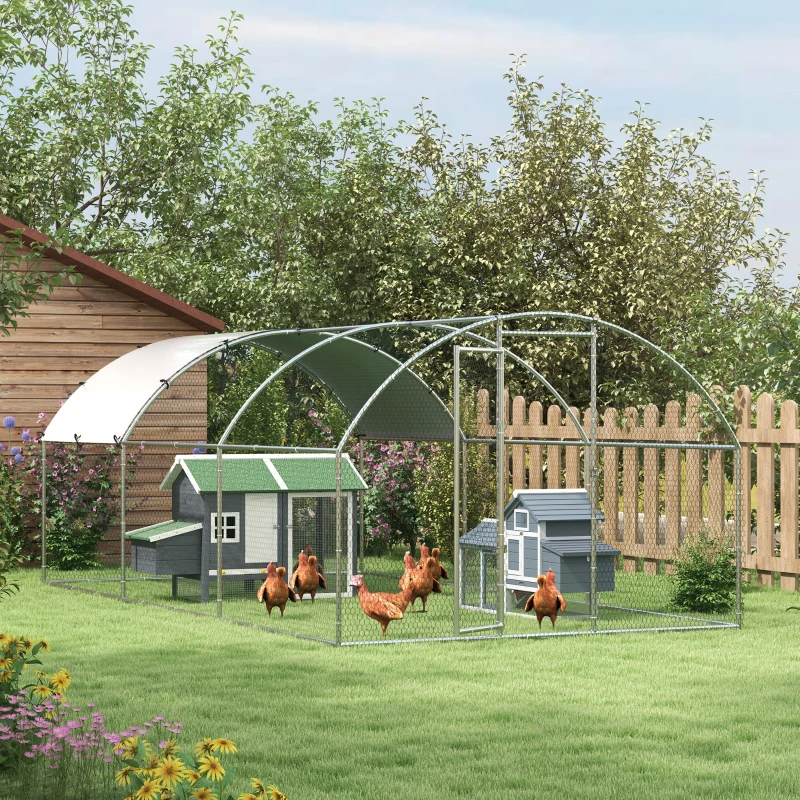 PawHut Hühnerstall Freilaufgehege 2,8x5,7x1,97m mit Schloss Verzinkter Stahl Hühnerhaus mit Wasserdichtem, Anti-UV Dach Freigehege Outdoor Geflügelstall für Hühnerkäfig, Kleintiere Silber