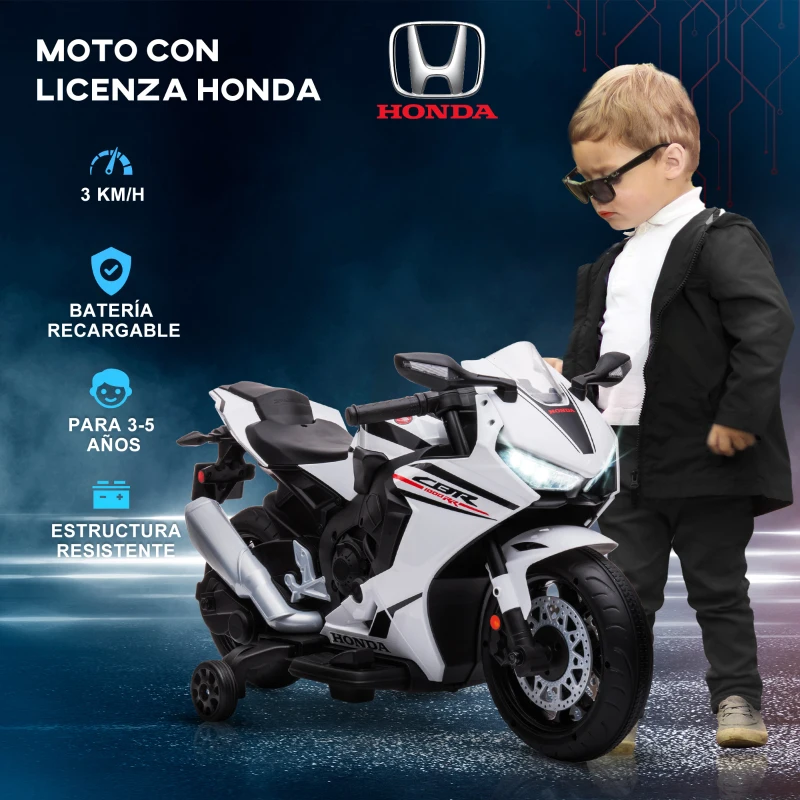 HOMCOM Moto Elettrica per Bambini con Licenza HONDA, Batteria 6V Ricaricabile, Velocità 3km/h, Bianco