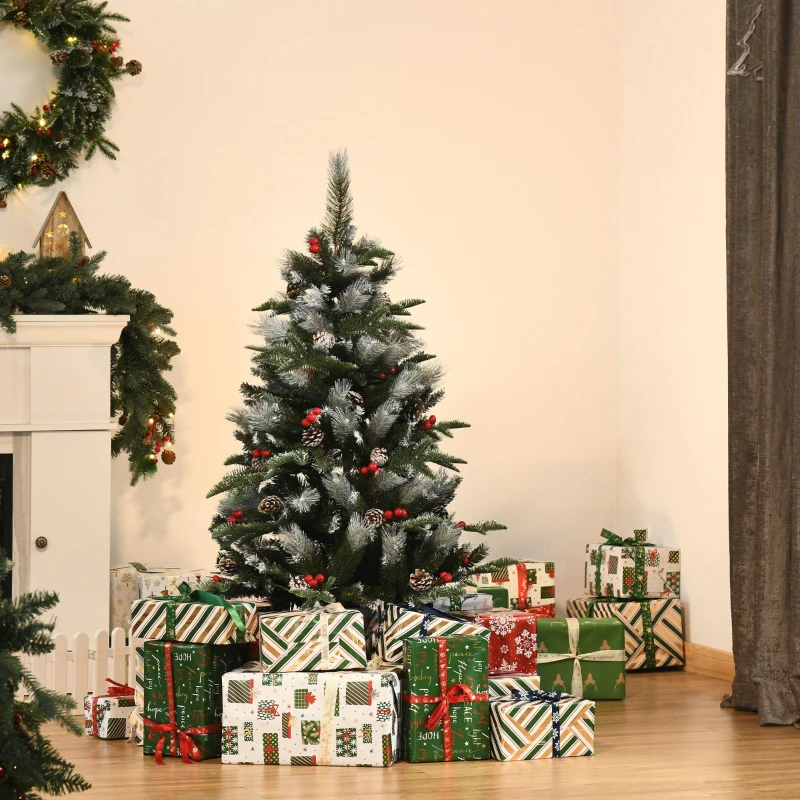 HOMCOM Árbol de Navidad Artificial 120 cm con 266 Ramas 27 Piñas y 27 Bayas Decoración Navideña para Interiores Verde