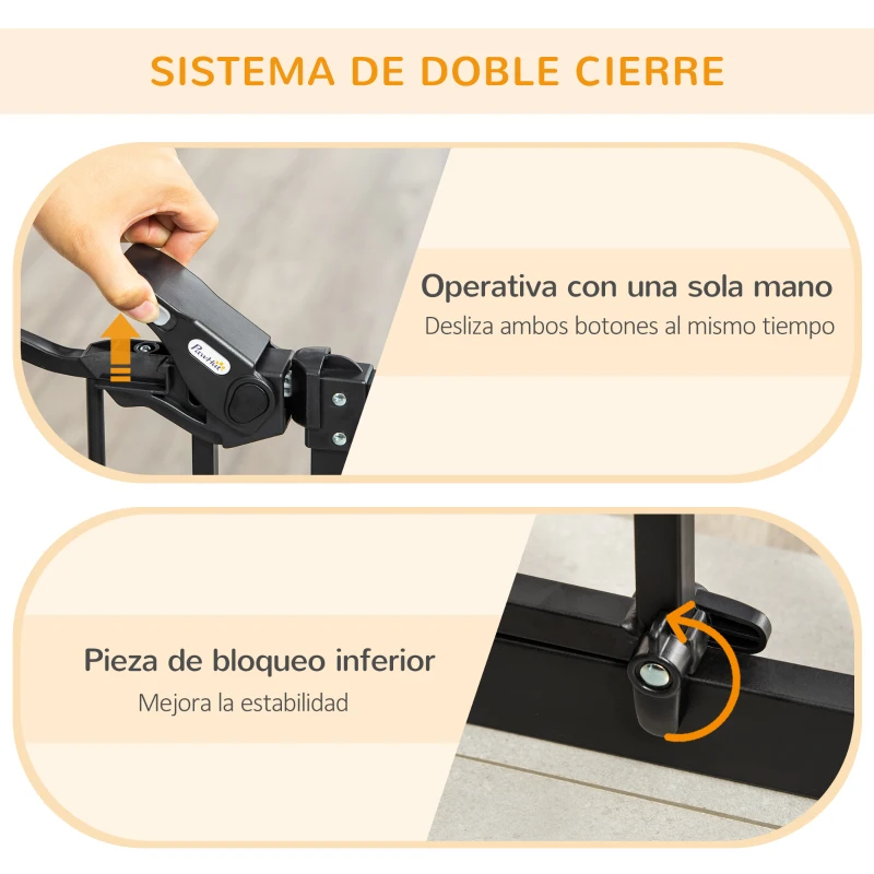 PawHut Barrera de Seguridad Extensible con Puerta Pequeña Cierre Automático y Sistema de Doble Bloqueo 74-101x104,1 cm Negro