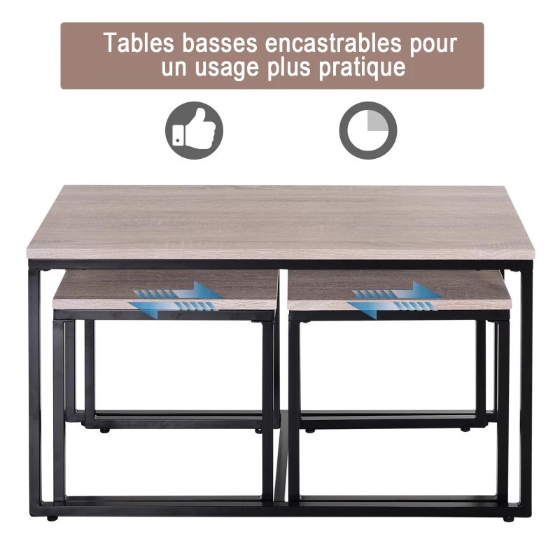HOMCOM Lot de 3 tables basses gigognes design industriel encastrable dim. grande table 90L x 45l x 50H cm métal noir MDF chêne clair