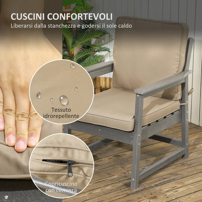 Outsunny Salotto da Giardino con Divanetto, 2 Poltrone e Tavolino in HDPE con Cuscini, Grigio Scuro