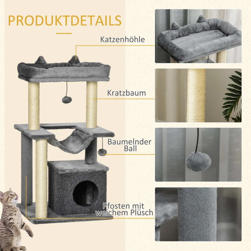 PawHut Katzenbaum 90 cm Kratzbaum mit Hängematte Spielbaum Katzenhöhle Plattformen Kletterbaum Katzenkratzbaum Aktivitätskratzbäum Plüsch Sisal Grau