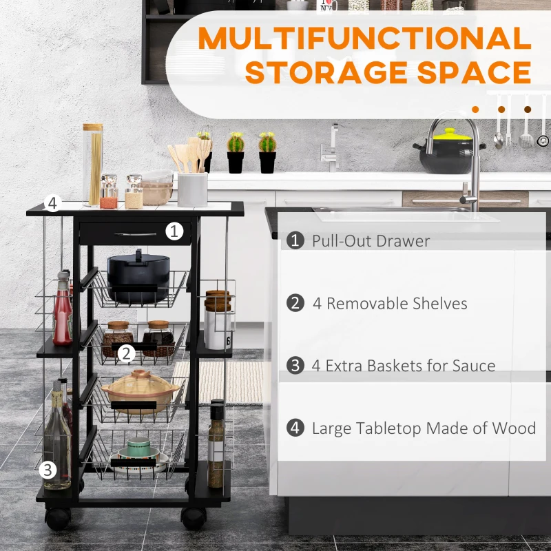 HOMCOM Servierwagen auf Rollen, Küchenwagen mit Arbeitsplatte und Gewürzregal, Rollwagen, Küchentrolley, Kieferholz, Schwarz, 57 x 37 x 83 cm
