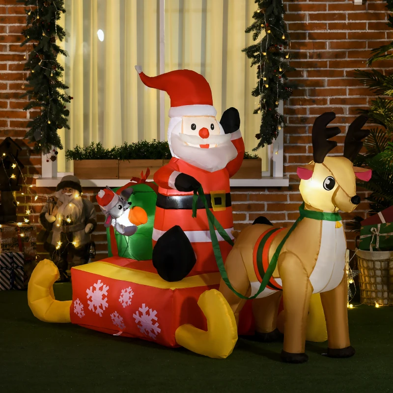 HOMCOM Aufblasbare Weihnachtsdeko, Weihnachtsmann mit Schlitten und Rentier, mit LED-Lichtern, für den Garten