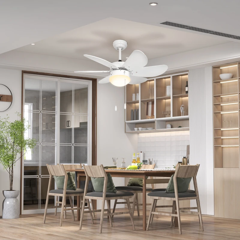 HOMCOM Ceiling Fan with LED Light, Flush Mount Ceiling Fan Lights with 6 Reversible Blades, Pull-chain Switch, White