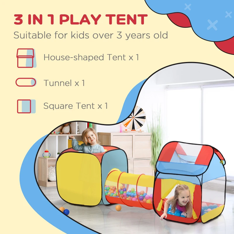 HOMCOM 3 in 1 Pop Up House Tent Play Tunnel Set Toddlers Crawl Tunnel Kids Playhouse Indoor Outdoor Garden Use Multicolor 230 x 70 x 89 cm