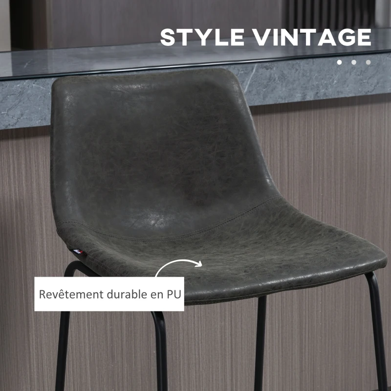HOMCOM Lot de 2 tabourets de bar design vintage avec repose-pieds métal et revêtement synthétique hauteur 99 cm gris foncé