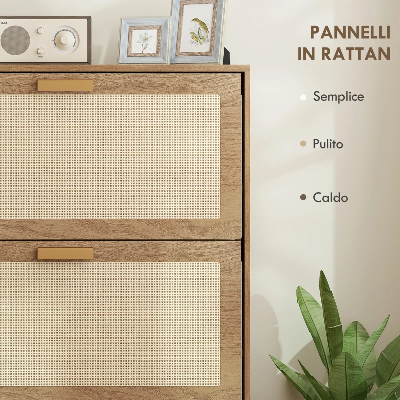 HOMCOM Mobile Scarpiera per 18 Paia di Scarpe con 3 Cassetti Ribaltabili in Legno e Rattan, 80x25x120 cm, Marrone
