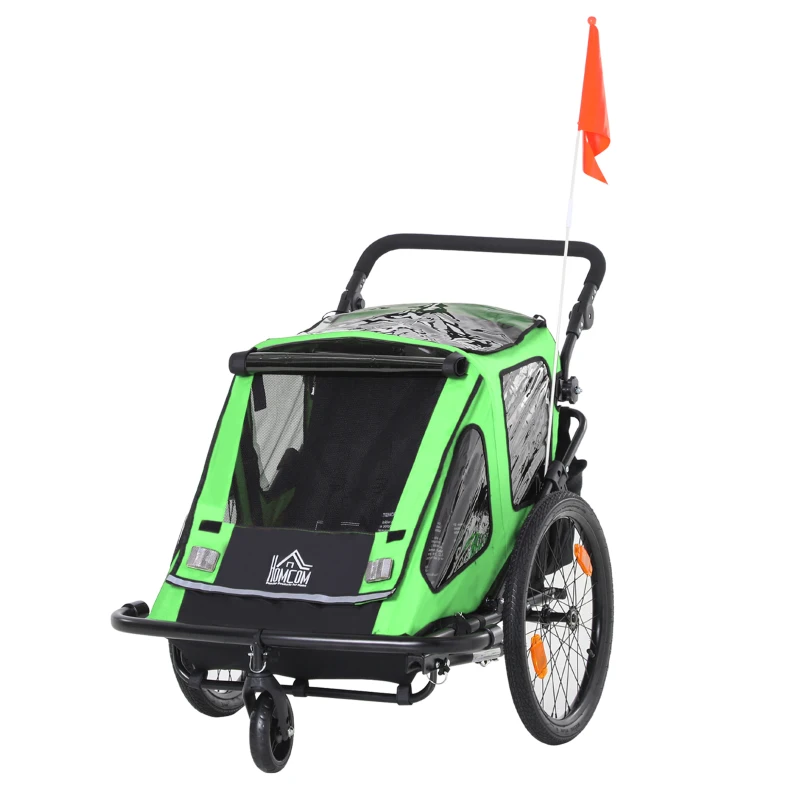 HOMCOM Remolque de Bicicleta 2 en 1 para Niños +18 Meses Plegable Cochecito de Paseo de 2 Plazas con Manillar Ajustable en Altura Bandera y Reflectores 160x83x96 cm Verde