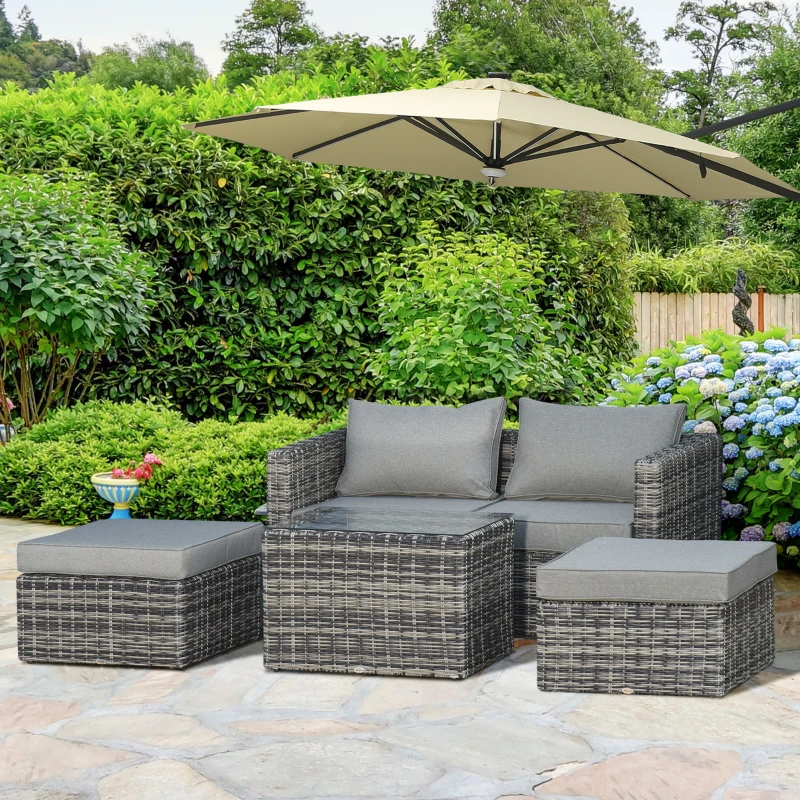 Outsunny Five Piece Rattan Armchair, Stool and Table Set - Mixed Grey