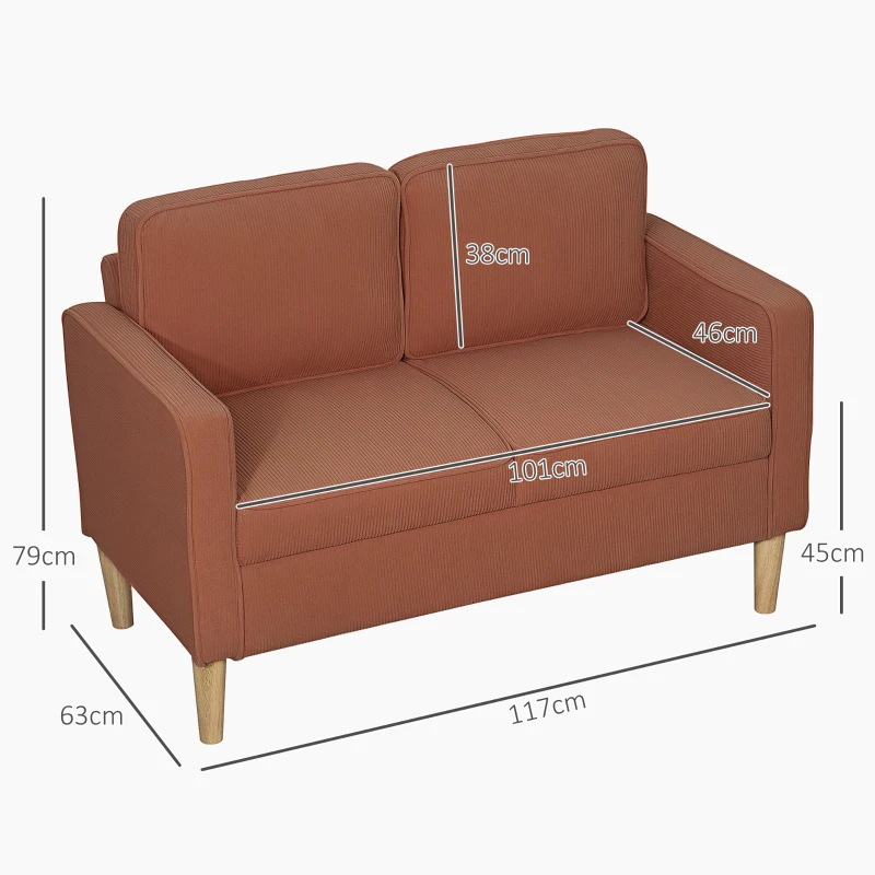 HOMCOM Zweisitzer-Sofa mit Stauraum und soliden Holzbeinen, für Wohnzimmer, Schlafzimmer, 117 x 63 x 79 cm, Orange(m-3)