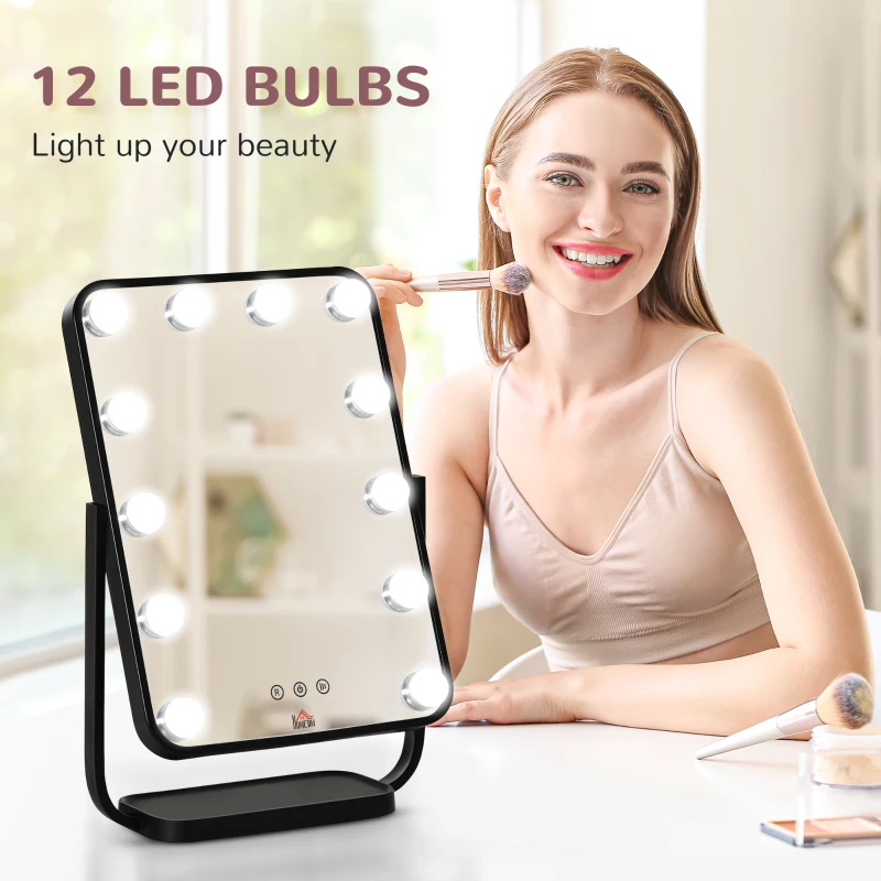 HOMCOM Hollywood Makeup Mirror with LED Lights, Tabletop Vanity Mirror with 12 Dimmable LED Bulbs, Memory Function and Metal Frame, Black