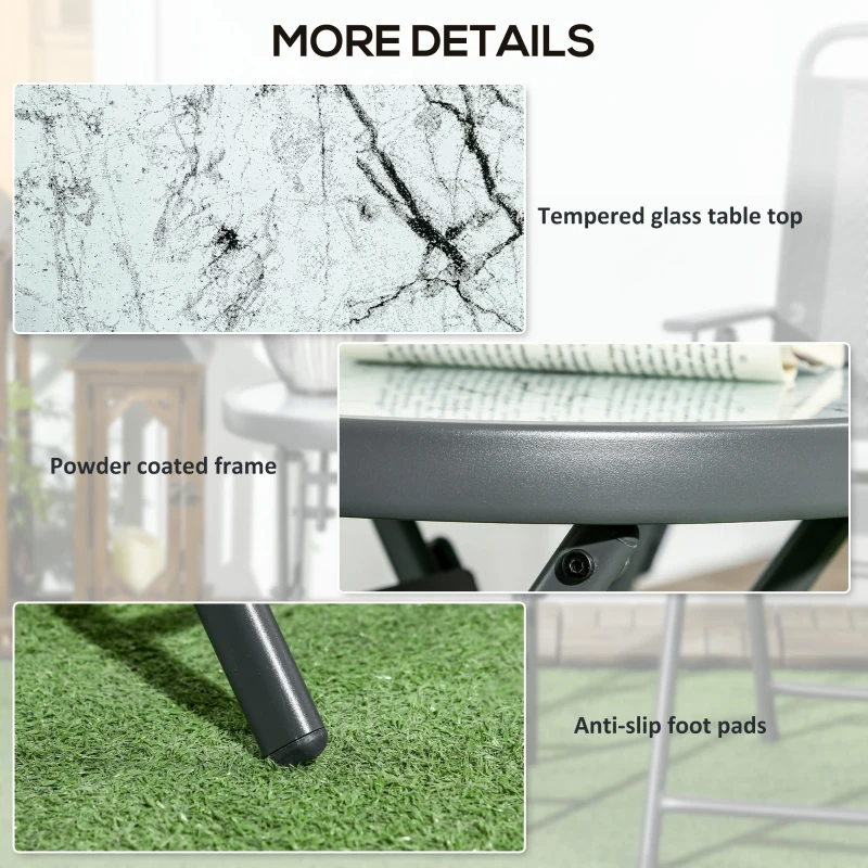 Outsunny Φ45cm Garden Side Table, Outdoor Round Folding Patio Table with Imitation Marble Glass Top, Small Coffee Table, White