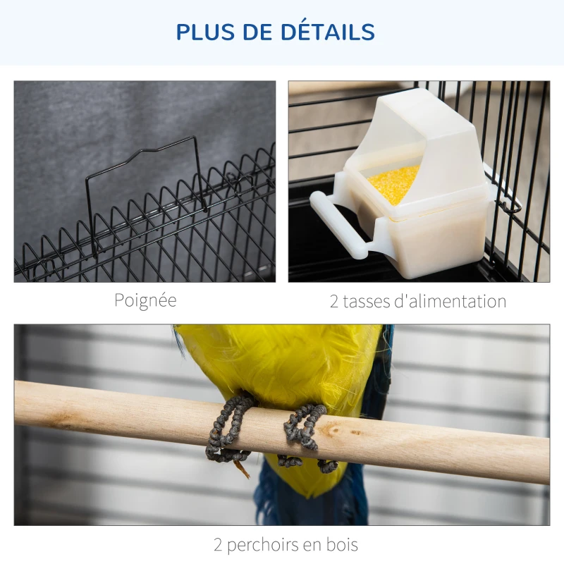 PawHut Cage à oiseaux en métal avec mangeoires perchoirs plateau amovible poignée dim. 40L x 40l x 59H cm noir
