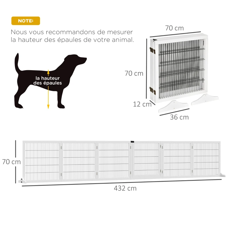 PawHut Barrière de sécurité chien barrière autoportante barrière modulable pliable 6 panneaux 2 pieds support bois de pin