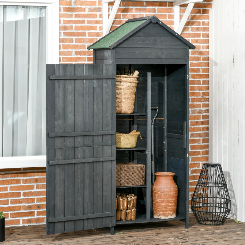 Outsunny Wooden Outdoor Storage Shed, Compact Utility Outdoor Tool Shed with Lockable Double Doors and Shelves, Dark Grey