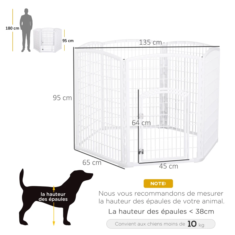 PawHut Luxe parc enclos modulable 6 panneaux + 1 porte verrouillable pour chiens lapins rongeurs petits animaux intérieur et extérieur 65 x1.7 x 95 cm plastique PP blanc