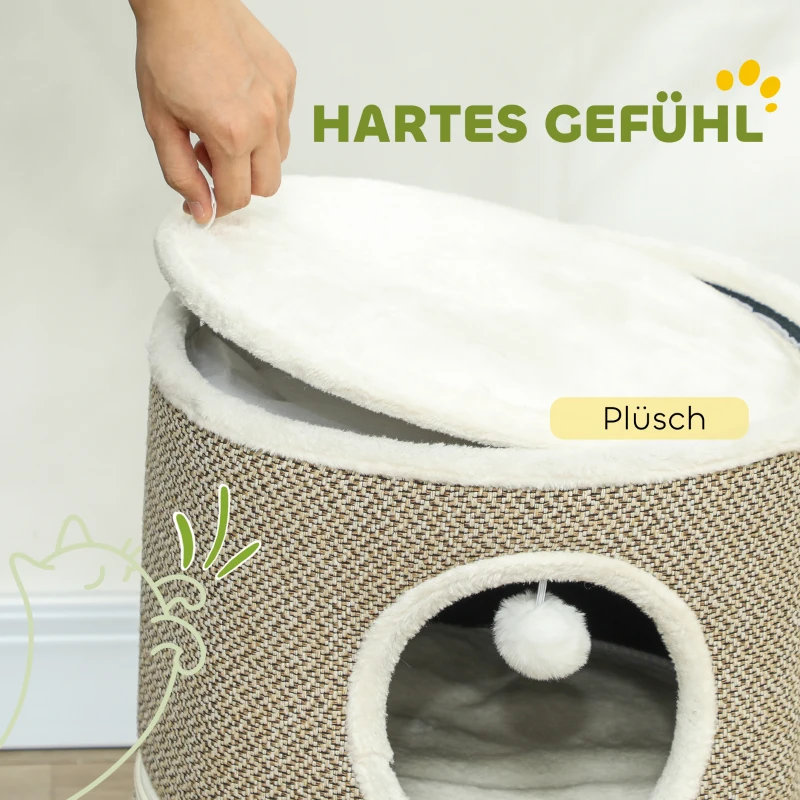 PawHut Katzenhöhle, 3 Etagen, Katzenhaus, Plüsch, Kissen, Sisal-Kratzbrett, Φ40 x 56H cm, Kaffee/Cremeweiß