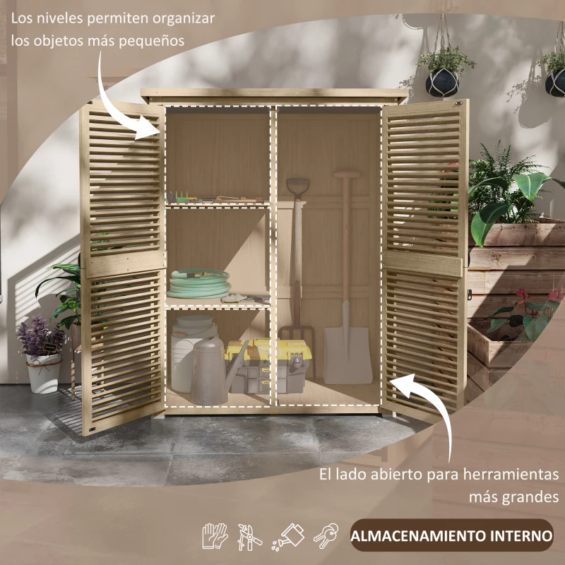 Outsunny Armario de Jardín 0,83 m² 127x65x168 cm con 2 Puertas de Persiana 2 Estantes 2 Asas y Techo Impermeable Natural