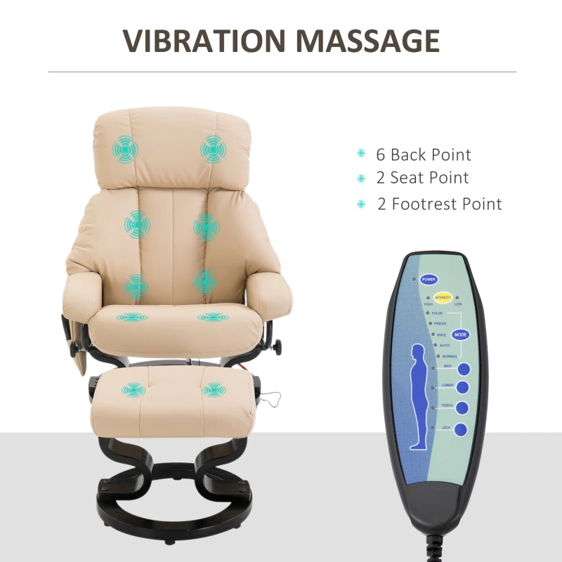 HOMCOM Electric Massage Recliner Chair with Ottoman, Faux Leather Swivel Recliner with Remote Control for Living Room, Beige