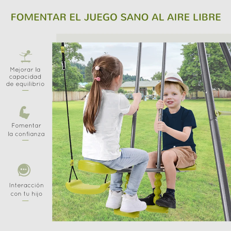 HOMCOM 3 en 1 Columpio de Metal para Niños +3 Años con Columpio Balancín y Escalera de Escalada 295x138x175 cm Verde y Gris