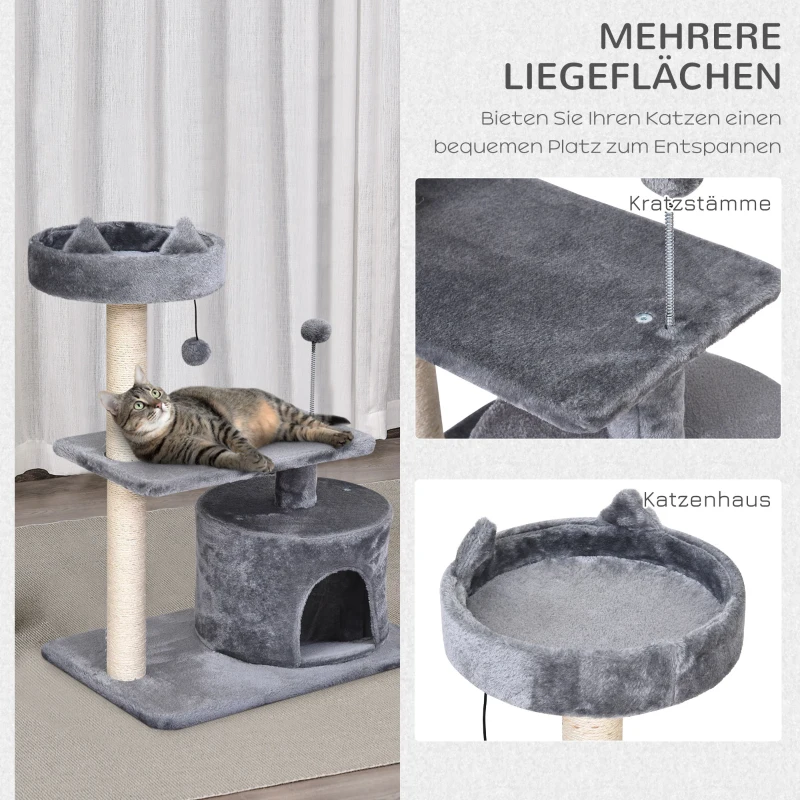 PawHut Katzenbaum mit Hängebett, 3-Stock Kratzbaum, Katzenhöhle, Katzenhaus mit Spielbällen, mit Sisalsäule und Kratzbrett, Plüsch Grau 60 x 40 x 81 cm