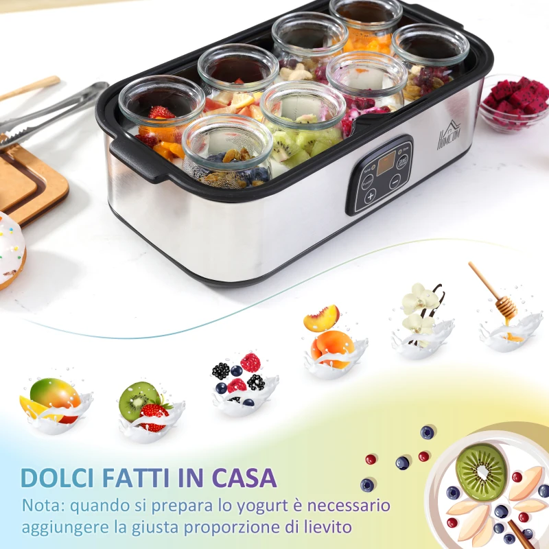 HOMCOM Yogurtiera Elettrica 25W con 8 Vasetti Inclusi, Timer 1-48 Ore e Temperatura Regolabile 20-50°C, 36x18.8x14cm, Argento