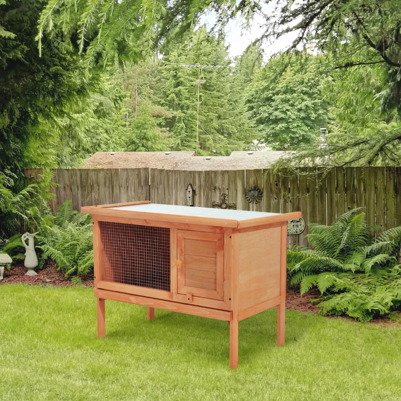 PawHut Casa para Conejos Exterior Conejera Grande de Patas Elevadas con Bandeja Extraíble Fácil de Limpiar Estable Buena Ventilación 90x45x65cm Color Madera