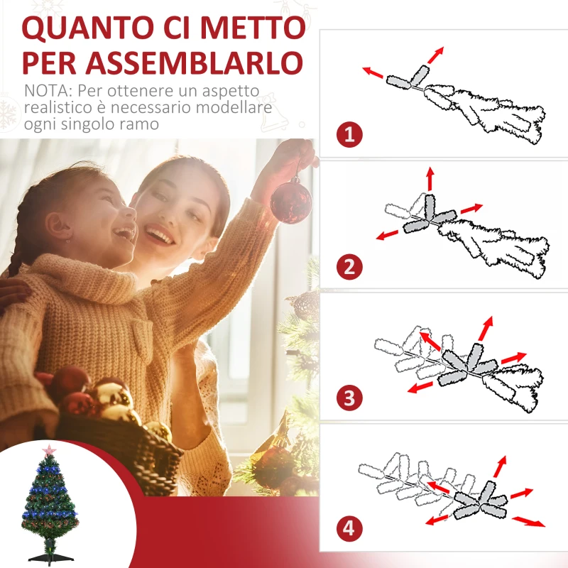 HOMCOM Albero di Natale Artificiale 90cm in Plastica con 90 Luci LED e Fibre Ottiche, 90 Rami e Base Pieghevole, Verde