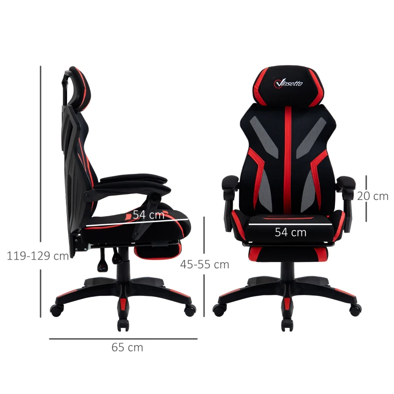 Vinsetto Silla Gaming con Reposapiés Retráctil Silla de Oficina Giratoria Reclinable con Reposacabezas y Altura Ajustable 65x65x119-129 cm Negro y Rojo