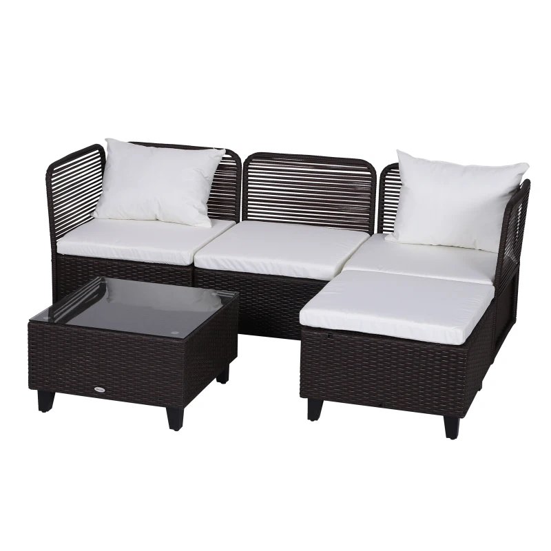 Outsunny Set Mobili da Giardino 5 Pezzi Tavolino con Piano in Vetro Temperato Rattan 3 Poltrone 1 Poggiapiedi 1 in Acciaio, Rattan