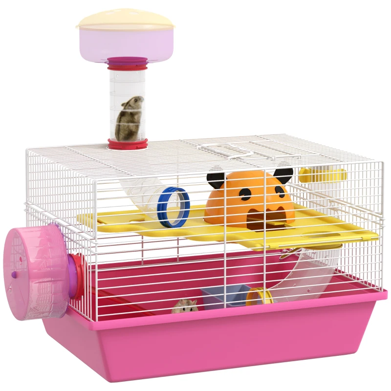 PawHut Cage à hamster rat rongeur multicolore avec plateforme, biberon eau, roue, maisonnette, 34 x 27 x 25 cm, rose