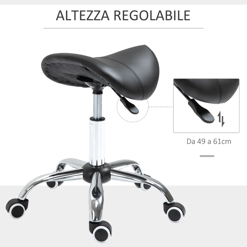HOMCOM Sgabello da Lavoro a Sella con Ruote e Altezza Regolabile per Negozi Parrucchiere e Tattoo, 52x53x49-61cm Nero