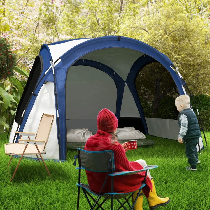 Cort de Camping Outsunny pentru 6-8 persoane cu 4 Usi cu fermoar, 350x350x230cm, Alb si Albastru