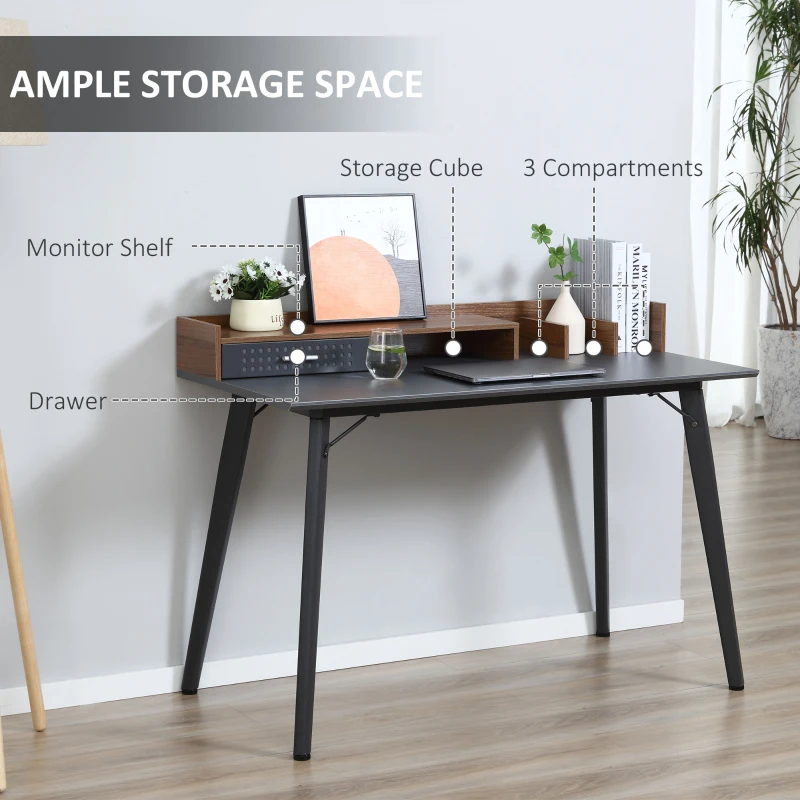 HOMCOM Small Computer Desk with Monitor Stand, Drawer and Storage Compartments, Home Office Desk for Small Spaces, Study Table, Black