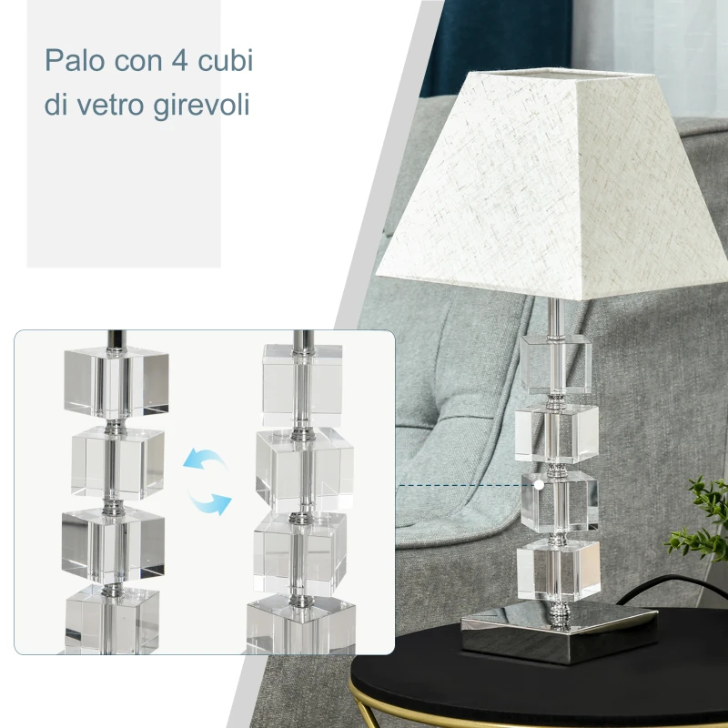 HOMCOM Lampada da Tavolo Moderna con Cristalli Girevoli, Attacco E14, Abat jour da Comodino, Casa e Ufficio