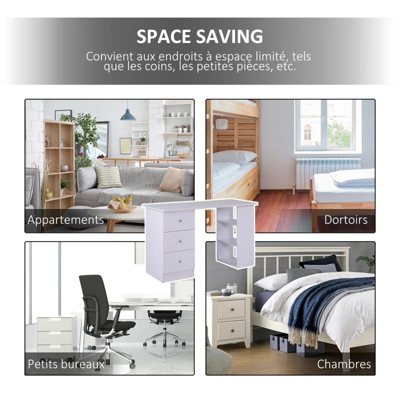 HOMCOM Bureau informatique multimédia multi-rangements 3 tiroirs 2 étagères 120L x 49l x 72H cm blanc