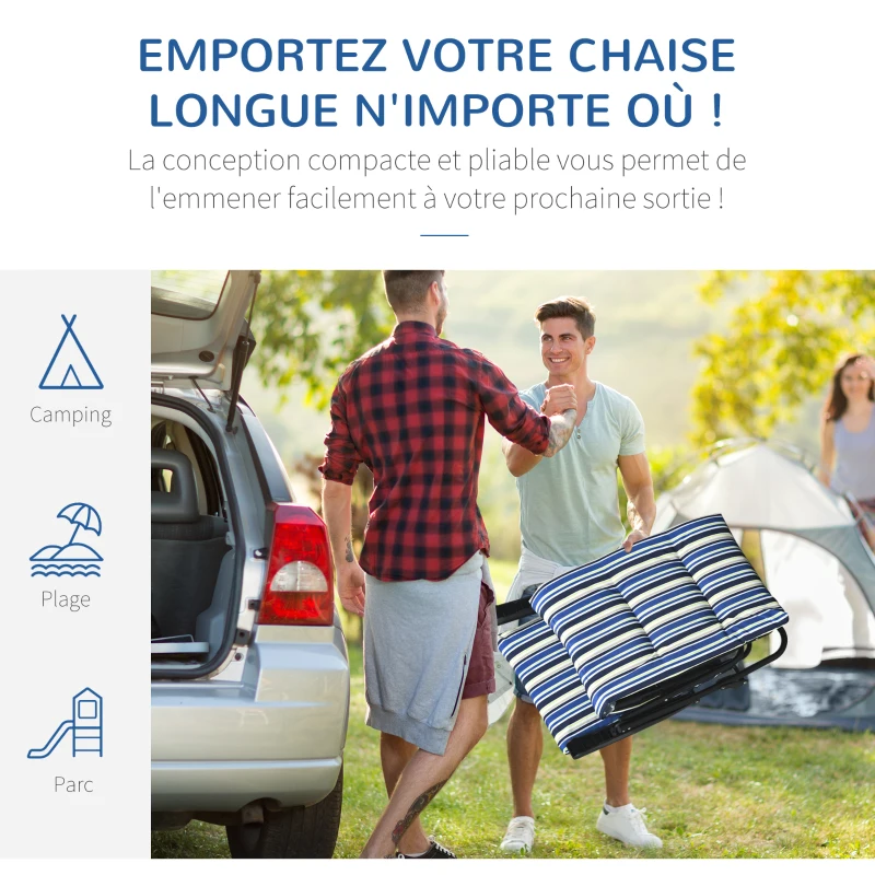 Outsunny Bain de soleil pliable transat inclinable 6 positions grand confort avec matelas + accoudoirs acier polyester multicolore