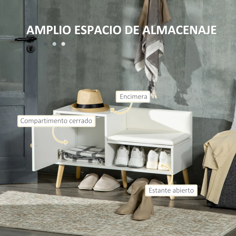 HOMCOM Banco Zapatero para 4 Pares con Compartimento Abierto y Asiento con Cojín para Entrada Pasillo 80x33x49 cm Blanco